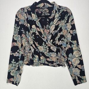 Vintage Romantic Pastel Floral Front Wrap Long Sleeve Blouse Size 6